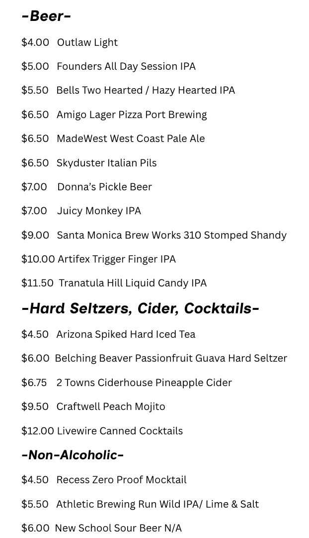 Dtown Pizzeria drink menu with prices — beer, hard seltzers, cider, canned cocktails, and non-alcoholic drinks
