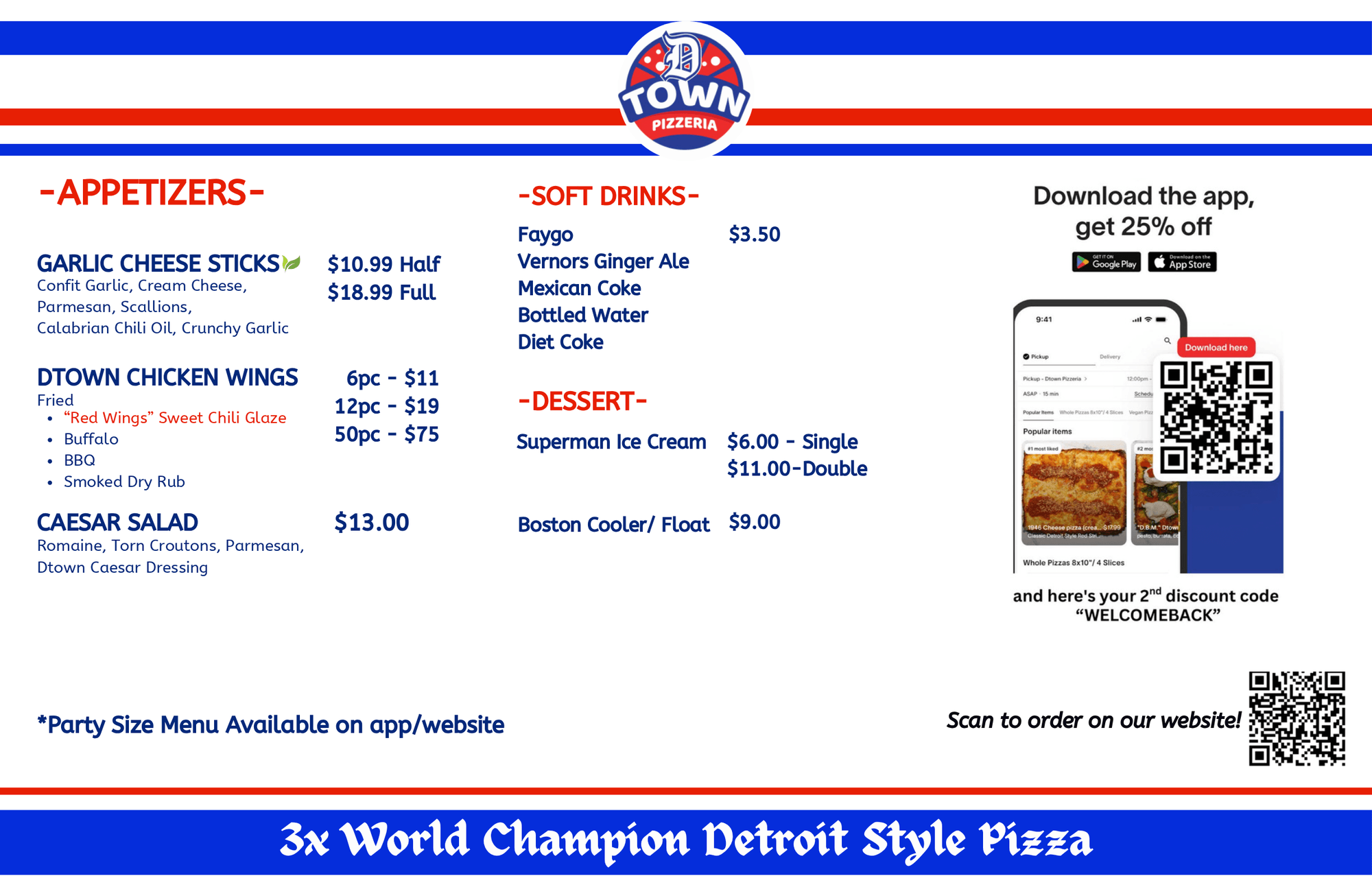 Dtown Pizzeria appetizers, soft drinks, and dessert menu with prices
